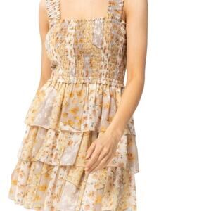 Entro Boho Bohemian Tiered Floral Patchwork Pattern Yellow Flowy Smocked PP25